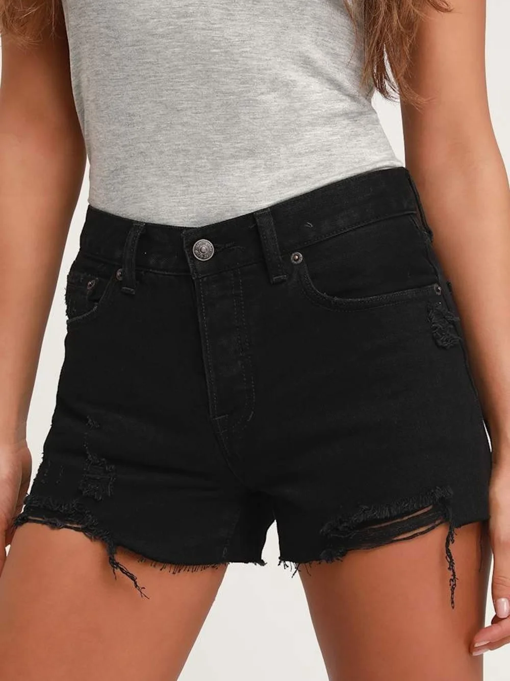 We The Free People SOFIA Black Distressed Denim Jean Cut Off Destructed Shorts